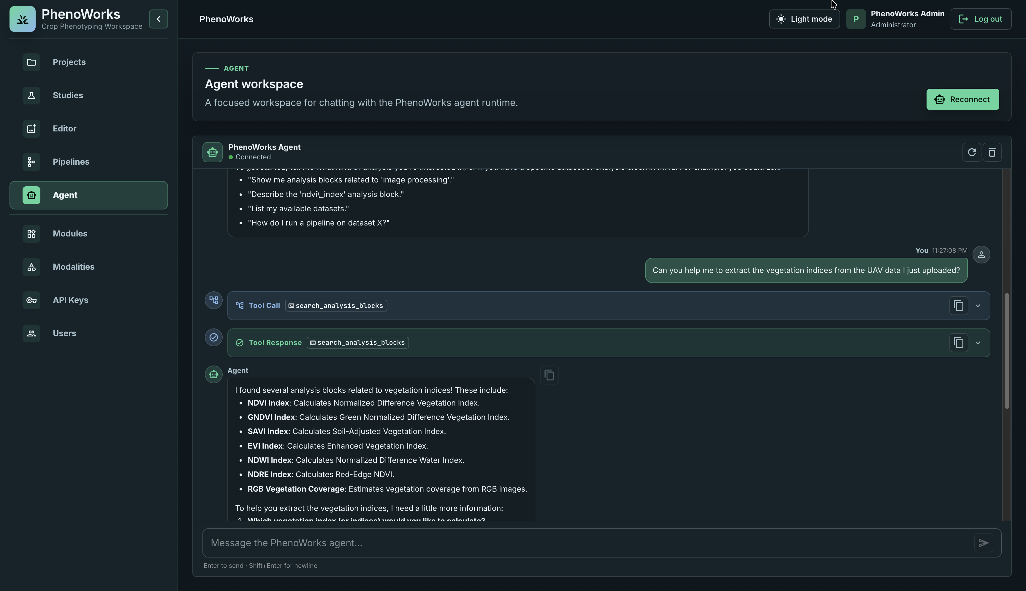 PhenoWorks Agent chat interface